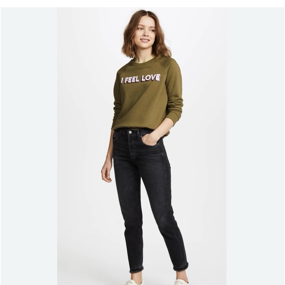 GUC Rebecca Minkoff Olive Green 'I Feel Love' Graphic Crewneck Sweatshirt SZ-S - Picture 3 of 13